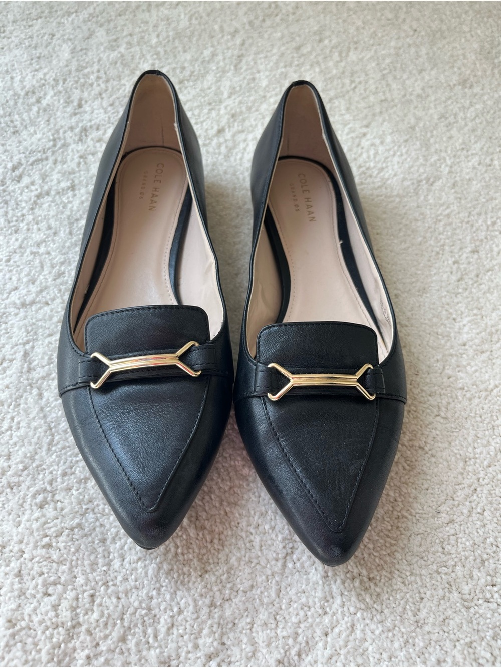 Cole Haan Black Leather Pointed Toe Flats with Gold Bar Detail